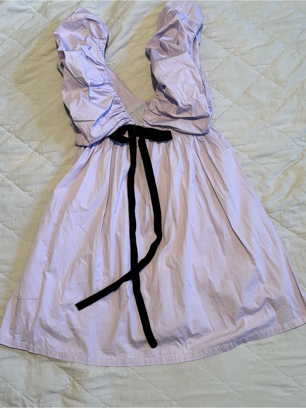 Lilac Puff-Sleeve Women’s' Babydoll Style Dress with Black Ribbon